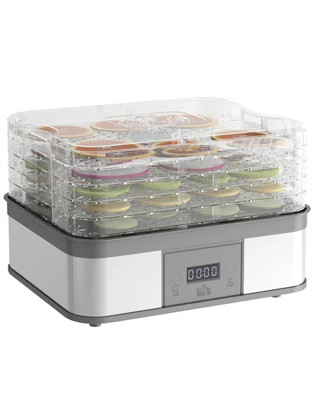 HOMCOM 5 Tier Food Dehydrator, 245W Stainless Steel Food Dryer Machine with Adjustable Temperature, Timer and LCD Display for Dr