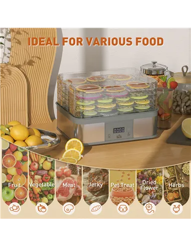 HOMCOM 5 Tier Food Dehydrator, 245W Stainless Steel Food Dryer Machine with Adjustable Temperature, Timer and LCD Display for Dr