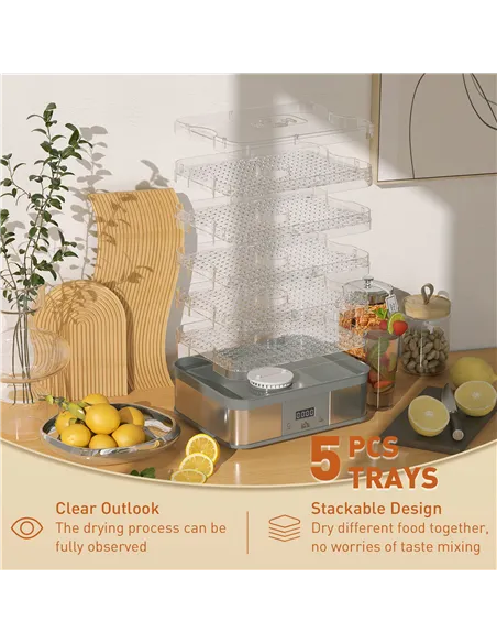 HOMCOM 5 Tier Food Dehydrator, 245W Stainless Steel Food Dryer Machine with Adjustable Temperature, Timer and LCD Display for Dr