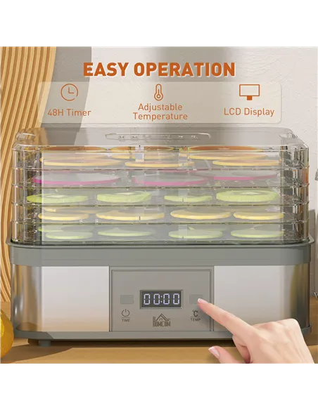 HOMCOM 5 Tier Food Dehydrator, 245W Stainless Steel Food Dryer Machine with Adjustable Temperature, Timer and LCD Display for Dr