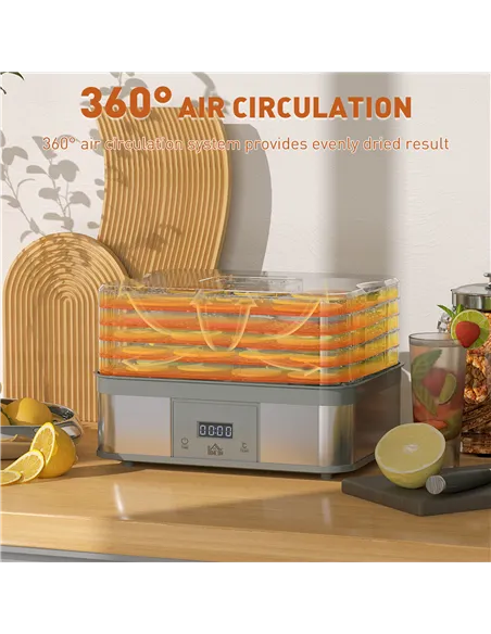 HOMCOM 5 Tier Food Dehydrator, 245W Stainless Steel Food Dryer Machine with Adjustable Temperature, Timer and LCD Display for Dr