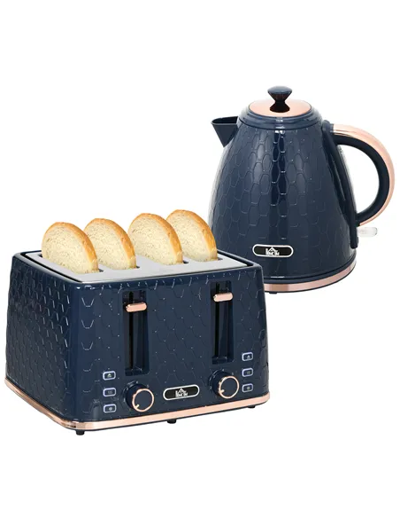 HOMCOM Kettle and Toaster Set, 1.7L 3000W Fast Boil Jug Kettle with Auto Shut Off, 4 Slice Toaster with 7 Level Browning Control