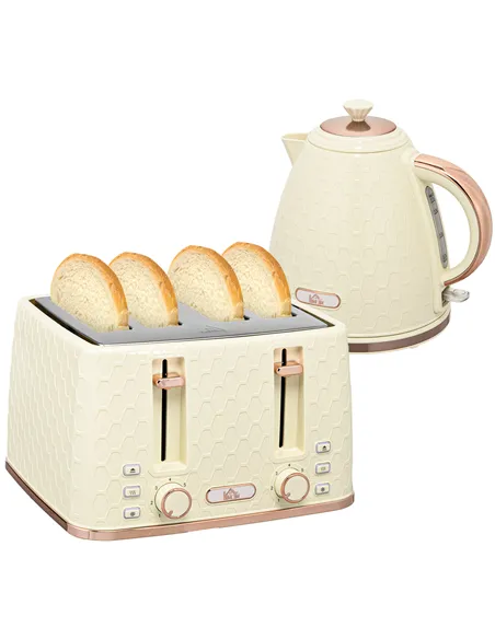 HOMCOM Kettle and Toaster Set, 1.7L 3000W Fast Boil Jug Kettle, 4 Slice Toaster with 7 Level Browning Controls, Beige