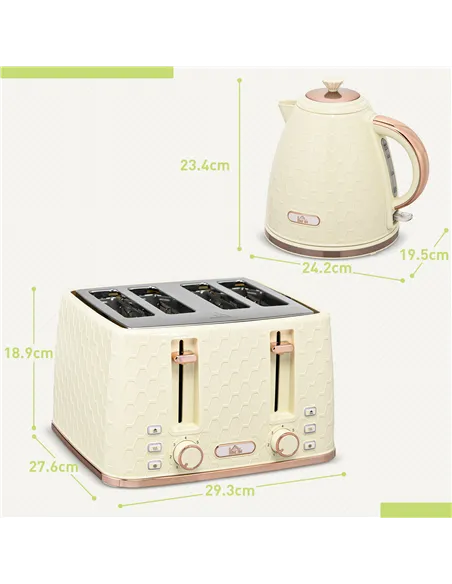 HOMCOM Kettle and Toaster Set, 1.7L 3000W Fast Boil Jug Kettle, 4 Slice Toaster with 7 Level Browning Controls, Beige
