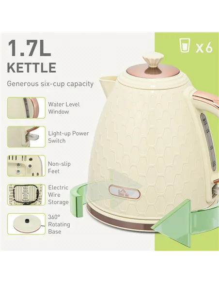 HOMCOM Kettle and Toaster Set, 1.7L 3000W Fast Boil Jug Kettle, 4 Slice Toaster with 7 Level Browning Controls, Beige