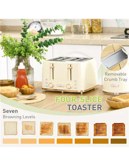 HOMCOM Kettle and Toaster Set, 1.7L 3000W Fast Boil Jug Kettle, 4 Slice Toaster with 7 Level Browning Controls, Beige