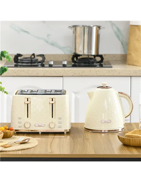 HOMCOM Kettle and Toaster Set, 1.7L 3000W Fast Boil Jug Kettle, 4 Slice Toaster with 7 Level Browning Controls, Beige