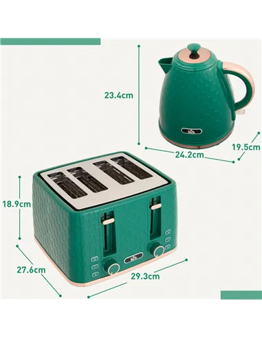 HOMCOM Kettle and Toaster Set, 1.7L 3000W Fast Boil Jug Kettle with Auto Shut Off, 4 Slice Toaster with 7 Level Browning Control