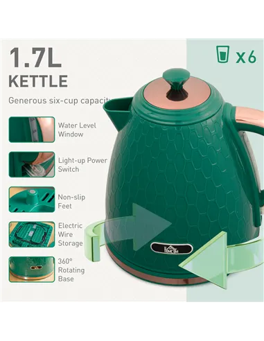 HOMCOM Kettle and Toaster Set, 1.7L 3000W Fast Boil Jug Kettle with Auto Shut Off, 4 Slice Toaster with 7 Level Browning Control