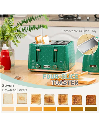 HOMCOM Kettle and Toaster Set, 1.7L 3000W Fast Boil Jug Kettle with Auto Shut Off, 4 Slice Toaster with 7 Level Browning Control