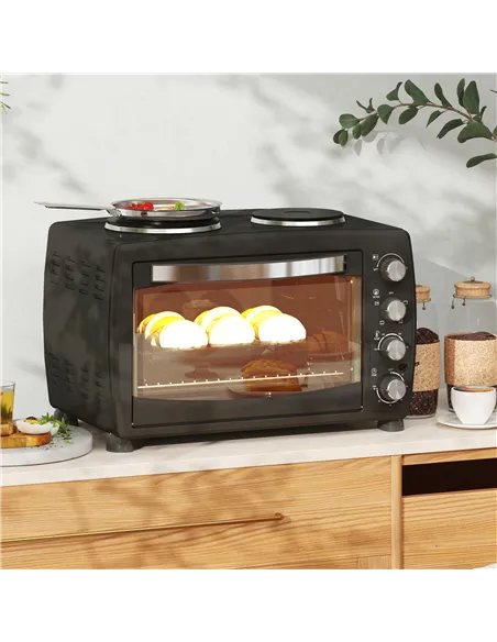 HOMCOM 36L Small Oven with 2 Hot Plates, Countertop Toaster Oven, Grill, Roast, Bake, Boil, with Timer, Adjustable Temperature, 