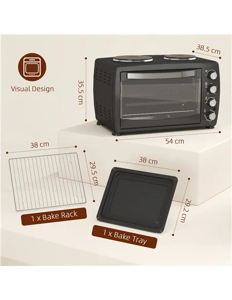 HOMCOM 36L Small Oven with 2 Hot Plates, Countertop Toaster Oven, Grill, Roast, Bake, Boil, with Timer, Adjustable Temperature, 