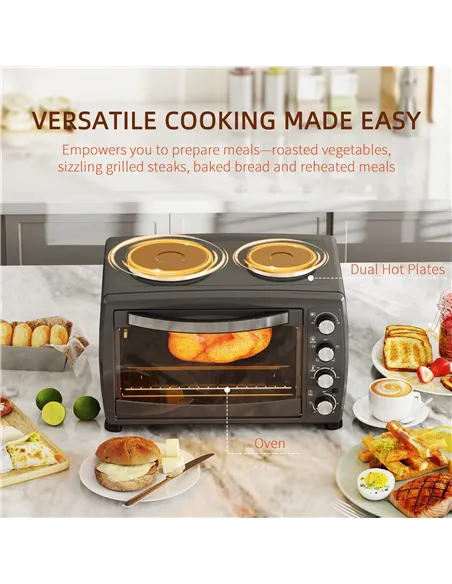 HOMCOM 36L Small Oven with 2 Hot Plates, Countertop Toaster Oven, Grill, Roast, Bake, Boil, with Timer, Adjustable Temperature, 