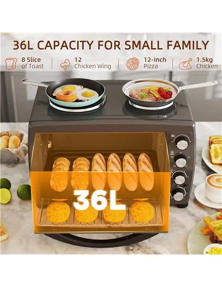 HOMCOM 36L Small Oven with 2 Hot Plates, Countertop Toaster Oven, Grill, Roast, Bake, Boil, with Timer, Adjustable Temperature, 
