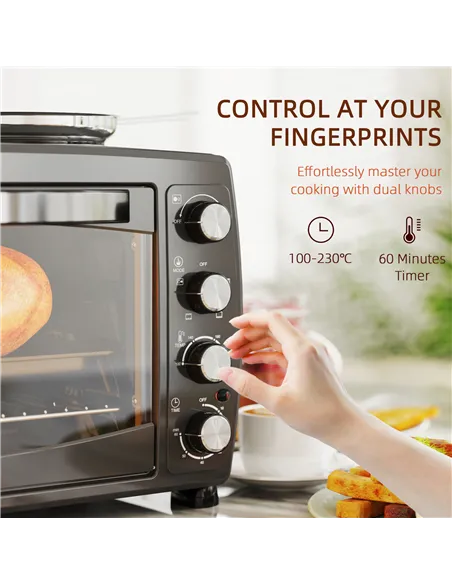 HOMCOM 36L Small Oven with 2 Hot Plates, Countertop Toaster Oven, Grill, Roast, Bake, Boil, with Timer, Adjustable Temperature, 