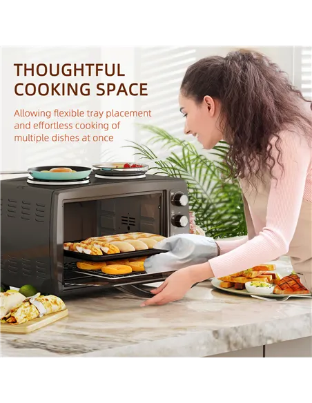 HOMCOM 36L Small Oven with 2 Hot Plates, Countertop Toaster Oven, Grill, Roast, Bake, Boil, with Timer, Adjustable Temperature, 