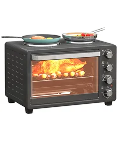 HOMCOM 28L Mini Oven with 2 Hot Plates, Countertop Toaster Oven, Grill, Roast, Bake, Boil, with Timer, Adjustable Temperature, E