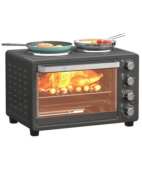 HOMCOM 28L Mini Oven with 2 Hot Plates, Countertop Toaster Oven, Grill, Roast, Bake, Boil, with Timer, Adjustable Temperature, E