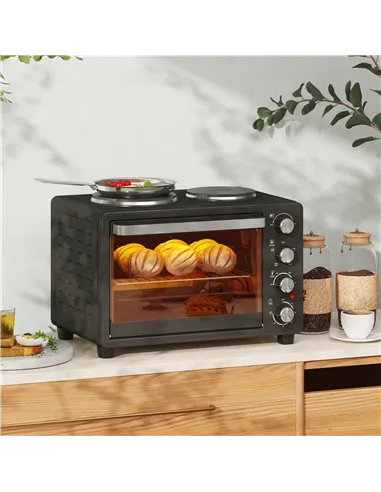 HOMCOM 28L Mini Oven with 2 Hot Plates, Countertop Toaster Oven, Grill, Roast, Bake, Boil, with Timer, Adjustable Temperature, E