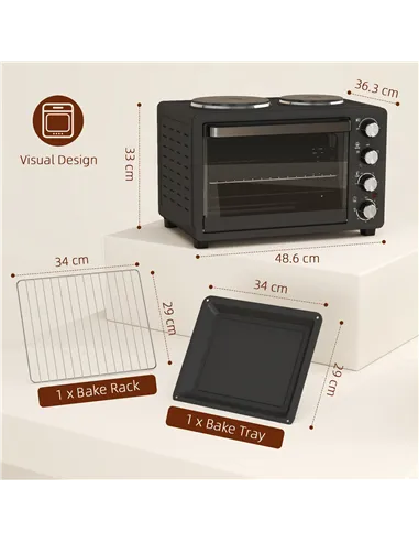 HOMCOM 28L Mini Oven with 2 Hot Plates, Countertop Toaster Oven, Grill, Roast, Bake, Boil, with Timer, Adjustable Temperature, E