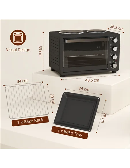 HOMCOM 28L Mini Oven with 2 Hot Plates, Countertop Toaster Oven, Grill, Roast, Bake, Boil, with Timer, Adjustable Temperature, E