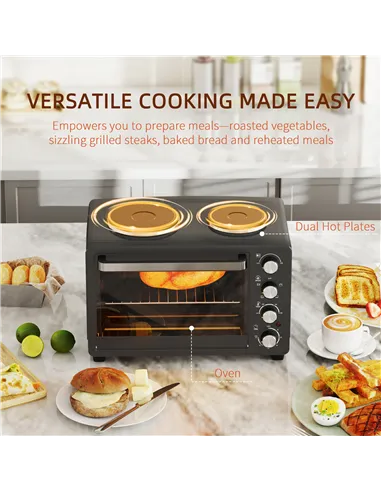 HOMCOM 28L Mini Oven with 2 Hot Plates, Countertop Toaster Oven, Grill, Roast, Bake, Boil, with Timer, Adjustable Temperature, E