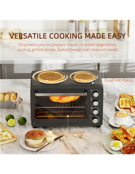 HOMCOM 28L Mini Oven with 2 Hot Plates, Countertop Toaster Oven, Grill, Roast, Bake, Boil, with Timer, Adjustable Temperature, E