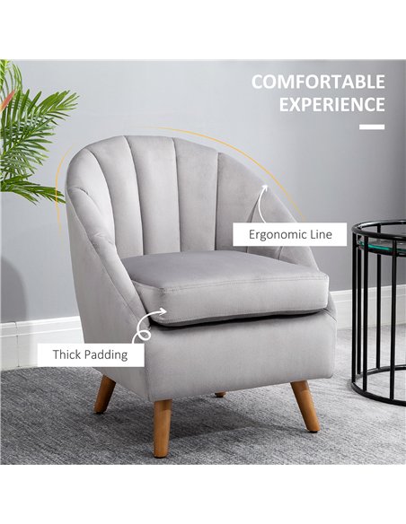 HOMCOM Accent Chair Velvet Fabric Single Sofa Armchair Home Living Room Solid Wood Leg Upholstered Side Armchair Grey