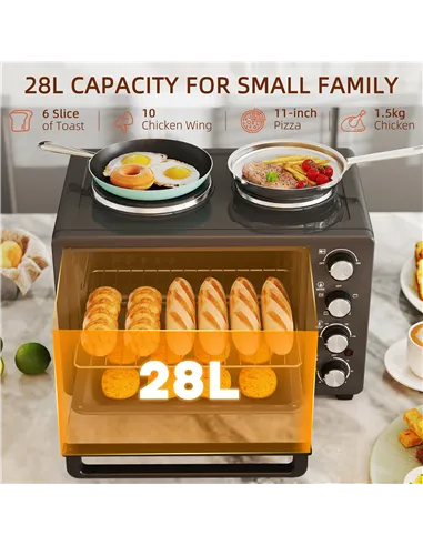 HOMCOM 28L Mini Oven with 2 Hot Plates, Countertop Toaster Oven, Grill, Roast, Bake, Boil, with Timer, Adjustable Temperature, E