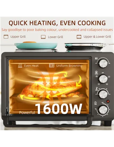 HOMCOM 28L Mini Oven with 2 Hot Plates, Countertop Toaster Oven, Grill, Roast, Bake, Boil, with Timer, Adjustable Temperature, E