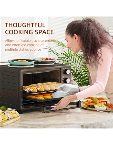 HOMCOM 28L Mini Oven with 2 Hot Plates, Countertop Toaster Oven, Grill, Roast, Bake, Boil, with Timer, Adjustable Temperature, E