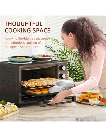 HOMCOM 28L Mini Oven with 2 Hot Plates, Countertop Toaster Oven, Grill, Roast, Bake, Boil, with Timer, Adjustable Temperature, E