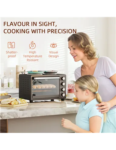 HOMCOM 28L Mini Oven with 2 Hot Plates, Countertop Toaster Oven, Grill, Roast, Bake, Boil, with Timer, Adjustable Temperature, E