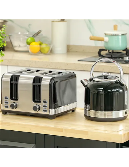 HOMCOM Polished Metal Kettle and Toaster Set - Black