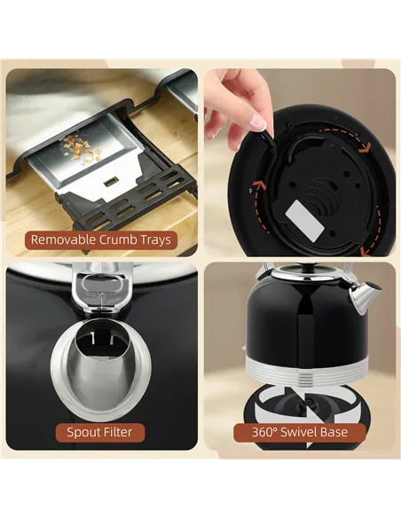 HOMCOM Polished Metal Kettle and Toaster Set - Black