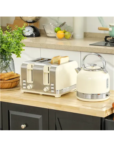 HOMCOM Polished Metal Kettle and Toaster Set - Cream