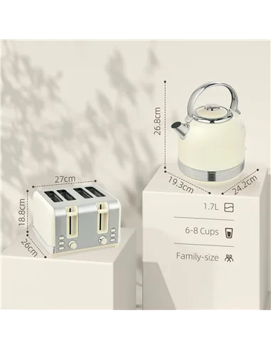 HOMCOM Polished Metal Kettle and Toaster Set - Cream
