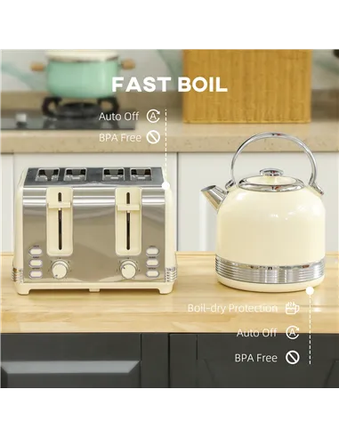 HOMCOM Polished Metal Kettle and Toaster Set - Cream