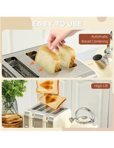 HOMCOM Polished Metal Kettle and Toaster Set - Cream