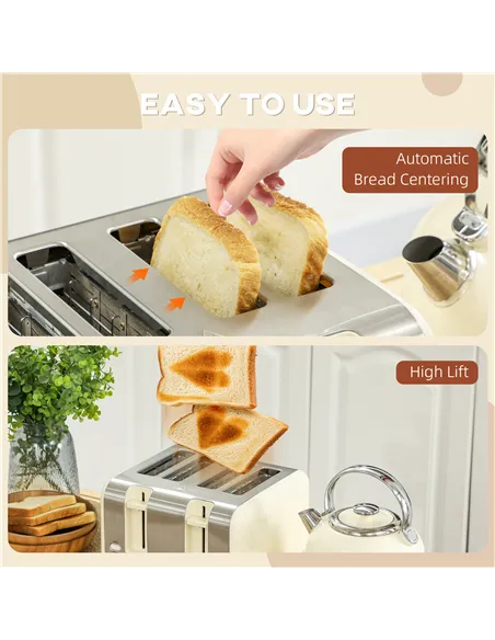 HOMCOM Polished Metal Kettle and Toaster Set - Cream