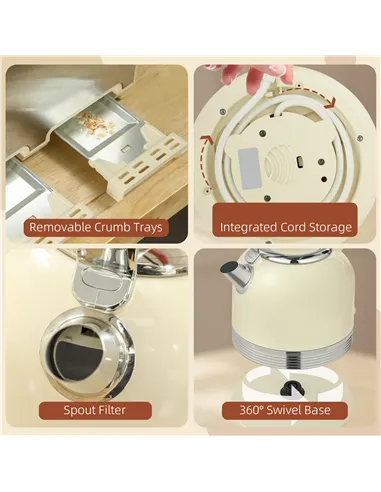 HOMCOM Polished Metal Kettle and Toaster Set - Cream