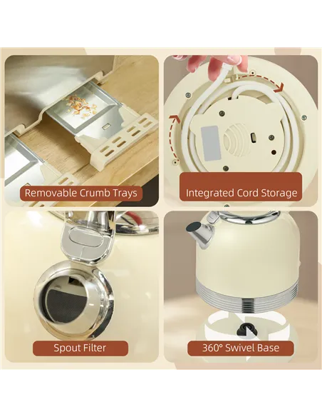 HOMCOM Polished Metal Kettle and Toaster Set - Cream