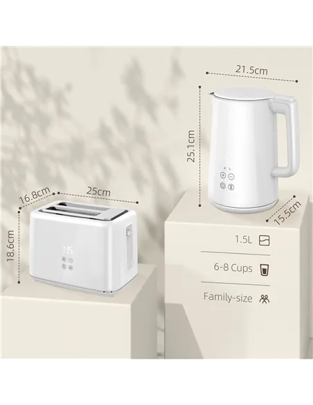 HOMCOM Polished Metal Kettle and Toaster Set - White