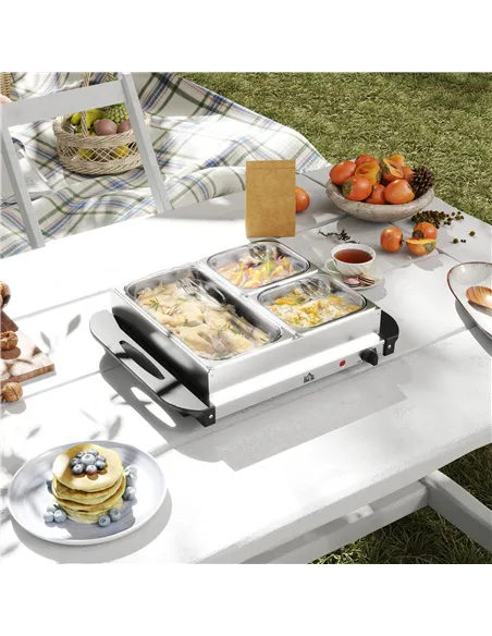 HOMCOM 4.5L Stainless Steel Electric Buffet Server, with 3x Trays and Lids