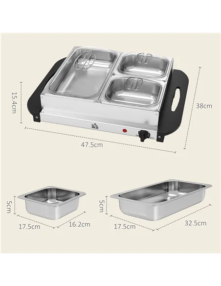 HOMCOM 4.5L Stainless Steel Electric Buffet Server, with 3x Trays and Lids