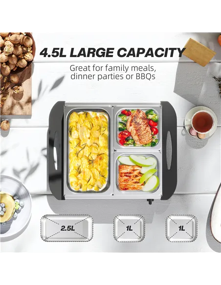 HOMCOM 4.5L Stainless Steel Electric Buffet Server, with 3x Trays and Lids