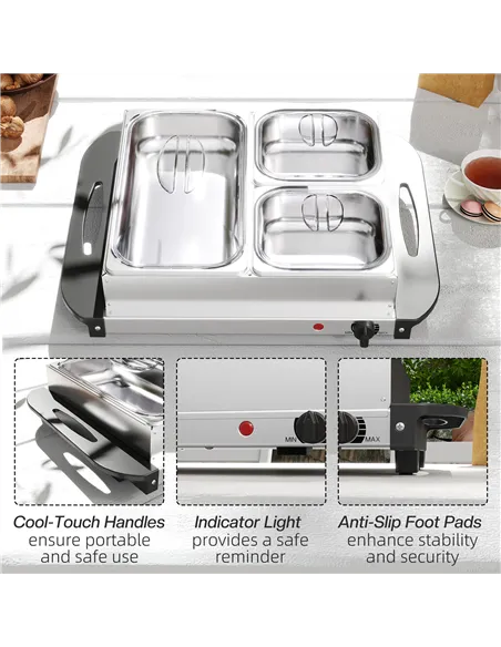 HOMCOM 4.5L Stainless Steel Electric Buffet Server, with 3x Trays and Lids
