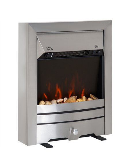 HOMCOM 2KW Stainless Steel Electric Fireplace Pebble Burning Effect Heater Fire Flame Indoor Stove LED Lighting