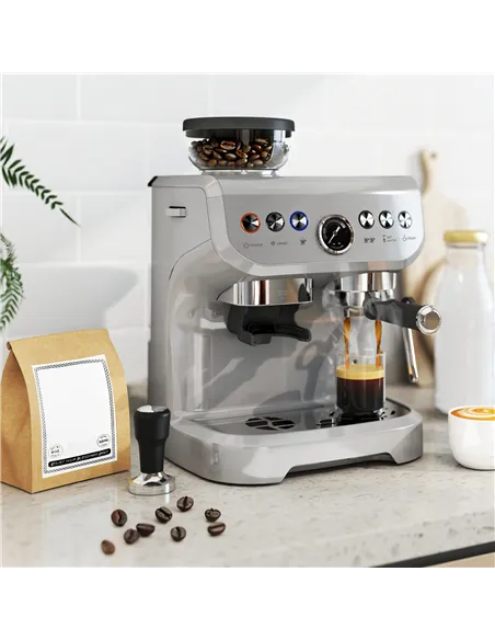 HOMCOM 15 Bar Coffee Machine, with Adjustable Grind, Steamer and Accessories - Silver Colour