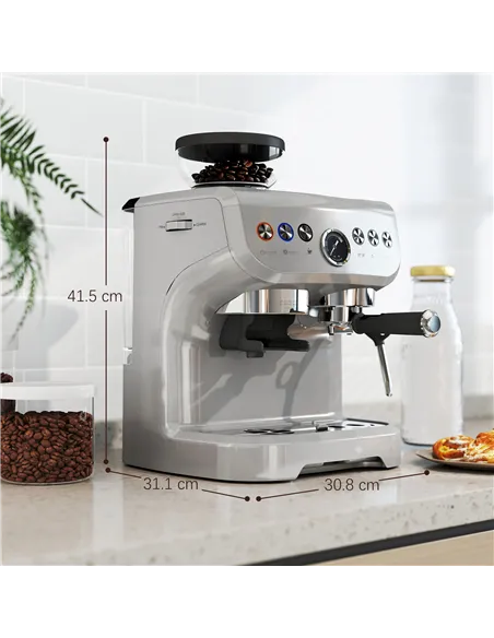 HOMCOM 15 Bar Coffee Machine, with Adjustable Grind, Steamer and Accessories - Silver Colour
